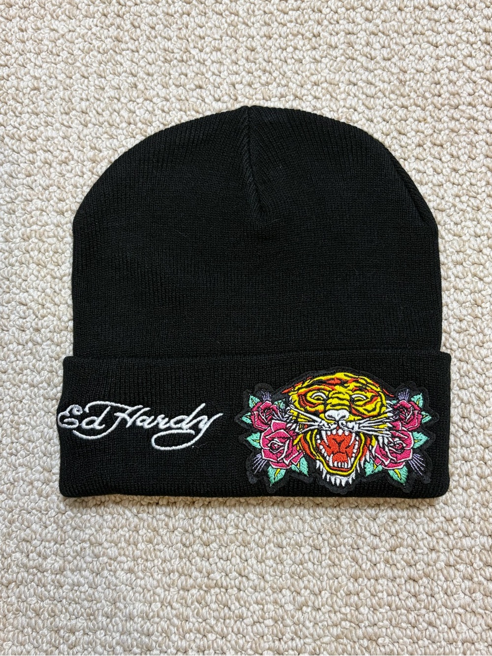 Ed Hardy Roaring Tiger Roses Cuffed Beanie One Size Unisex Y2K Streetwear Cozy